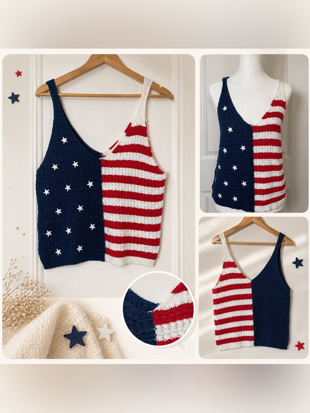 Moon & Madison Flag Knit Tank Top L Stars Stripes Patriotic USA 4th July